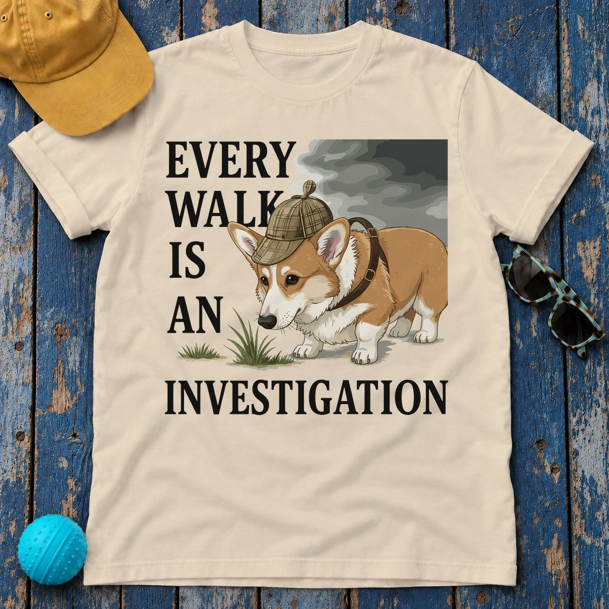 Every Walk Corgi Dog Detective T-Shirt in Sand
