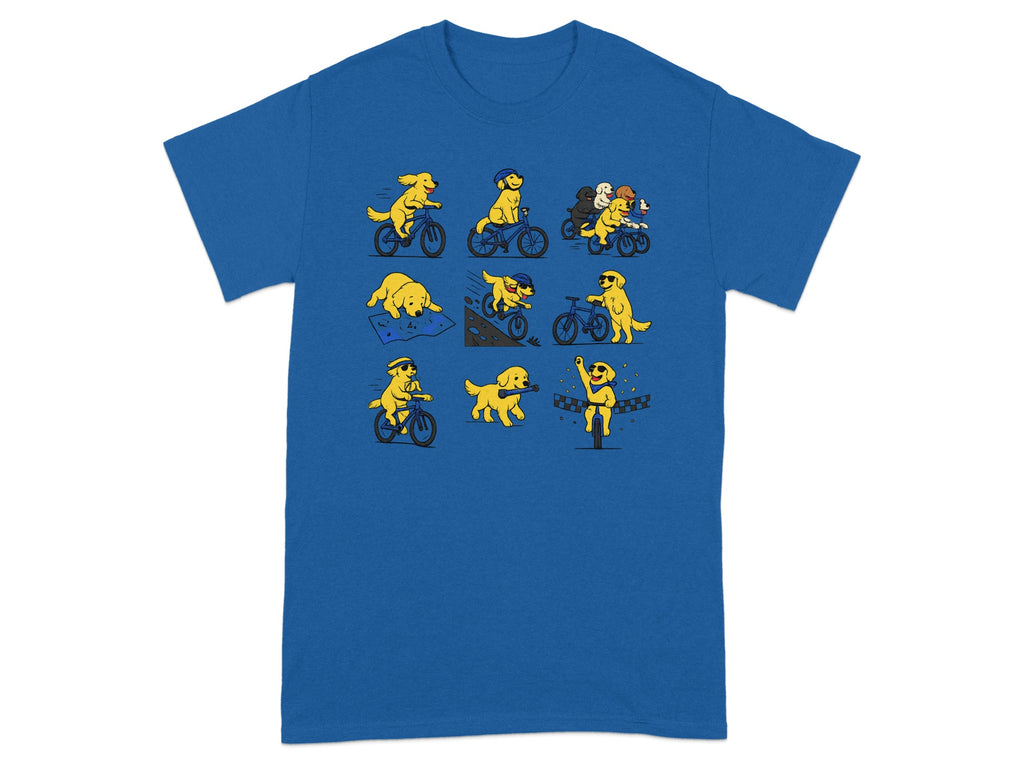 Illustration of nine golden retrievers enjoying various cycling activities.