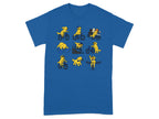 Illustration of nine golden retrievers enjoying various cycling activities.