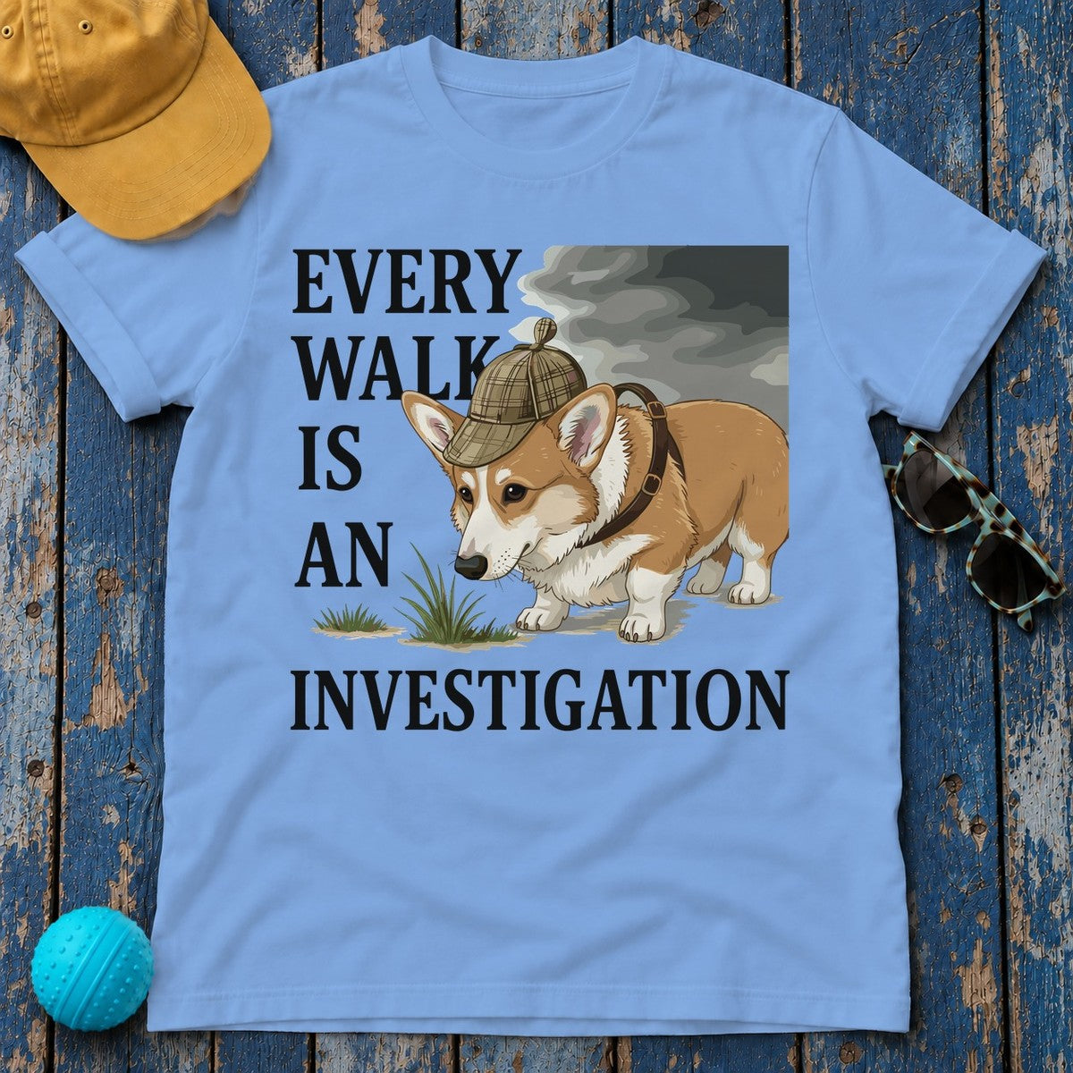Every Walk Corgi Dog Detective T-Shirt in Carolina Blue