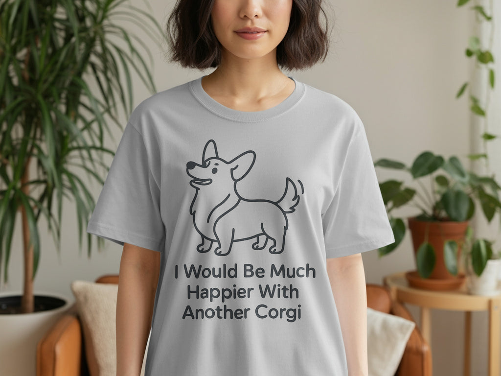 Gray t-shirt with a corgi graphic and the text "I Would Be Much Happier With Another Corgi."