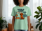 Vizsla logic flowchart on a light green t-shirt with a cartoon dog.