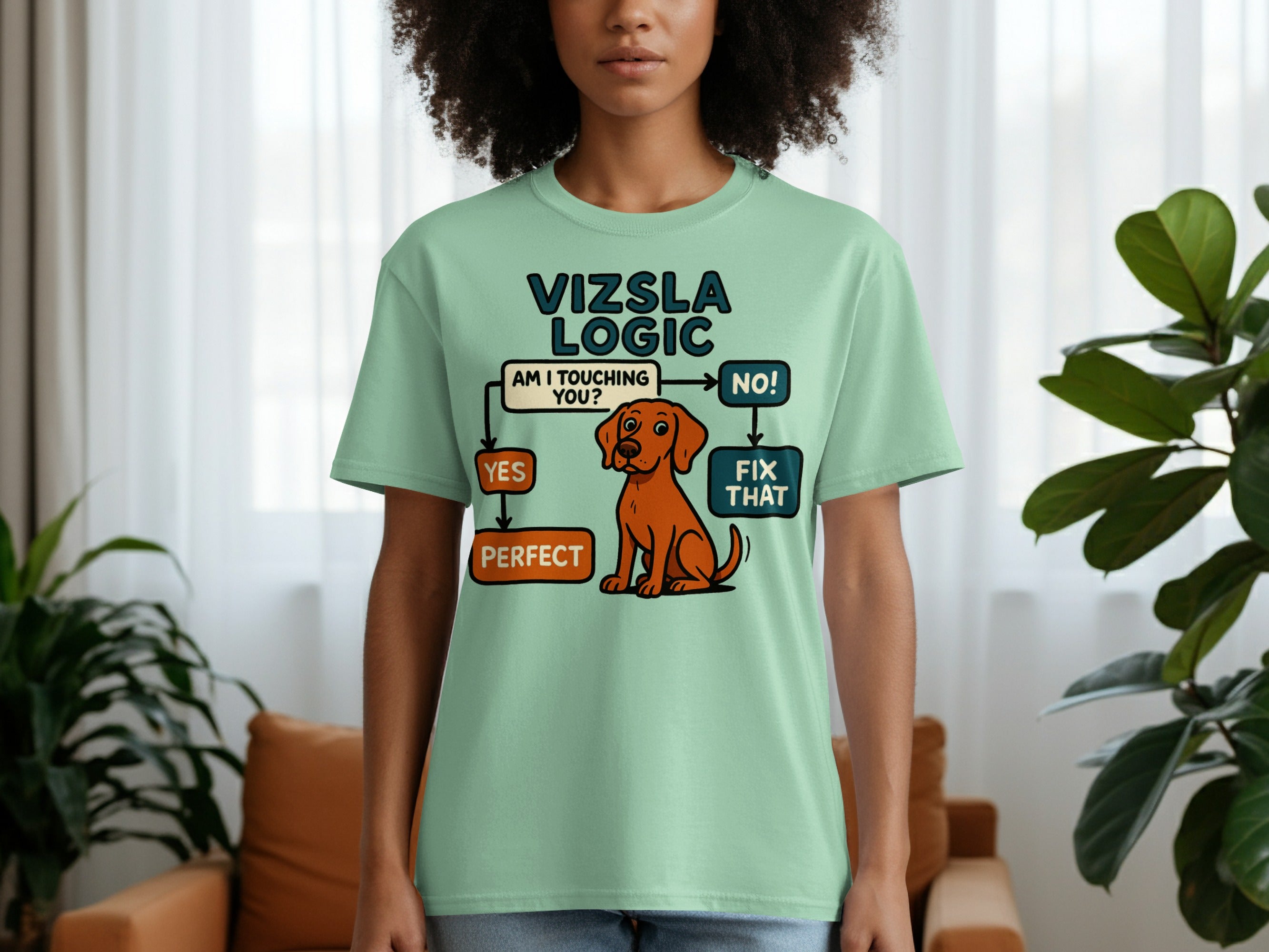 Vizsla logic flowchart on a light green t-shirt with a cartoon dog.