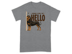 Grey t-shirt with a dog and "HELLO" text.