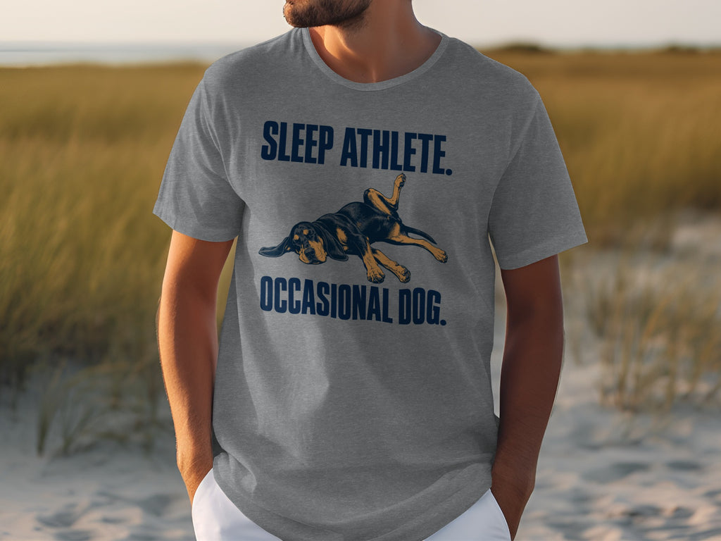 Gray t-shirt with "SLEEP ATHLETE OCCASIONAL DOG" text and a dog graphic.