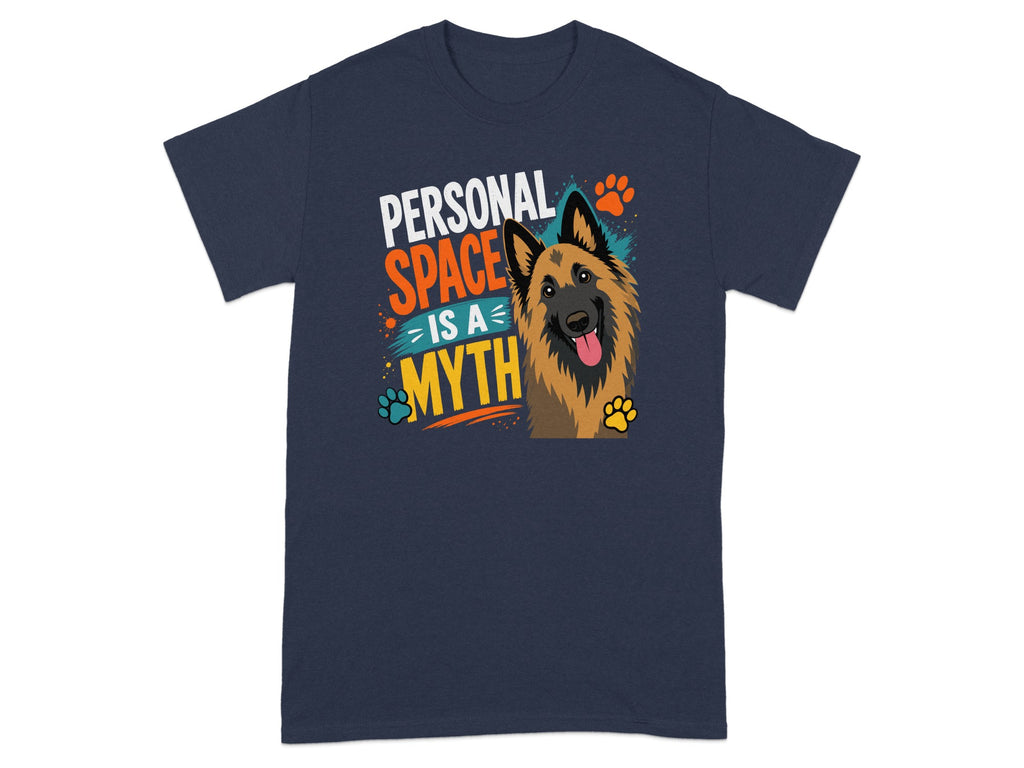Navy t-shirt with a Belgian Malinois and text "Personal space is a myth".