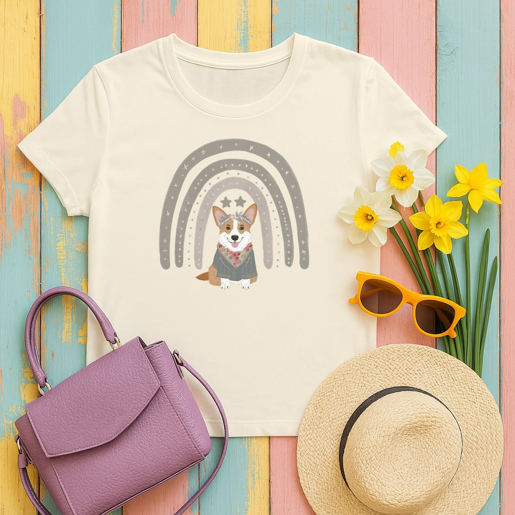 Cute Corgi with Rainbow Stars Print T-Shirts in Natural