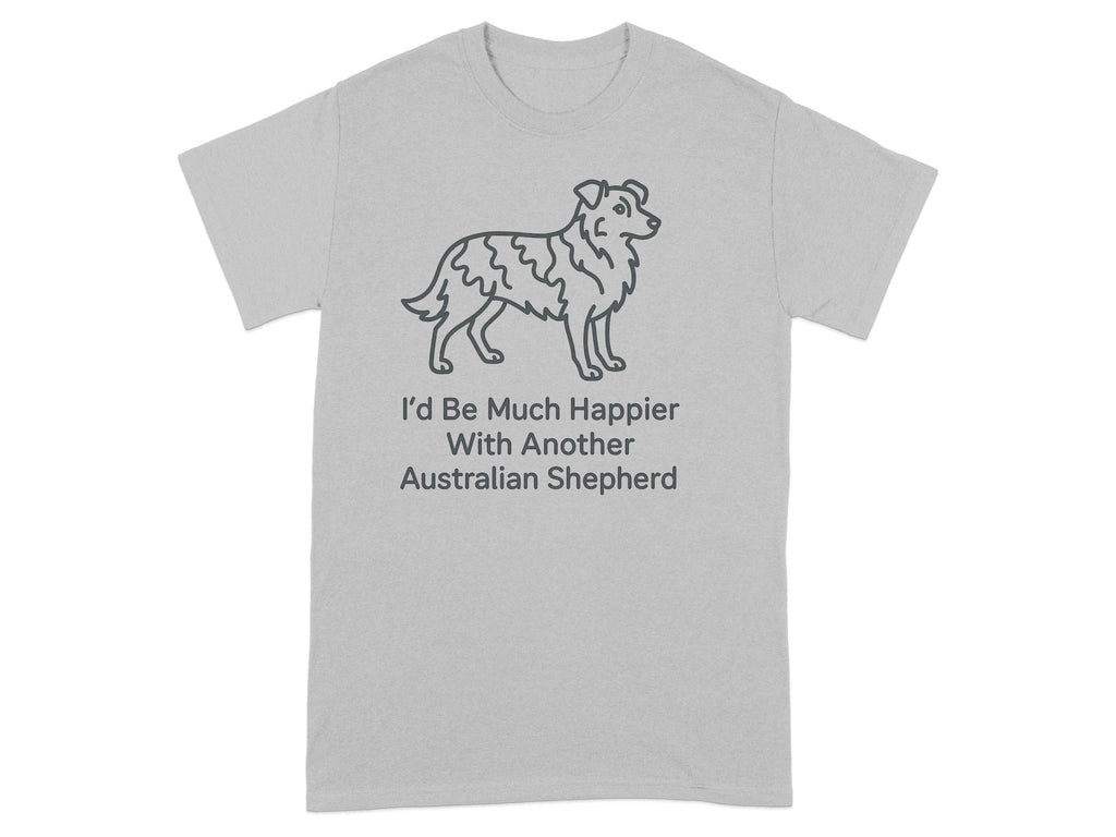 Grey t-shirt with line art of an Australian Shepherd and text.