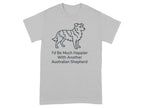 Grey t-shirt with line art of an Australian Shepherd and text.