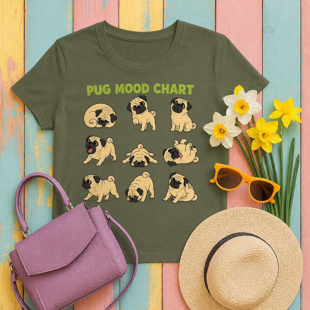 The Pug Mood Chart T-Shirt in Military Green