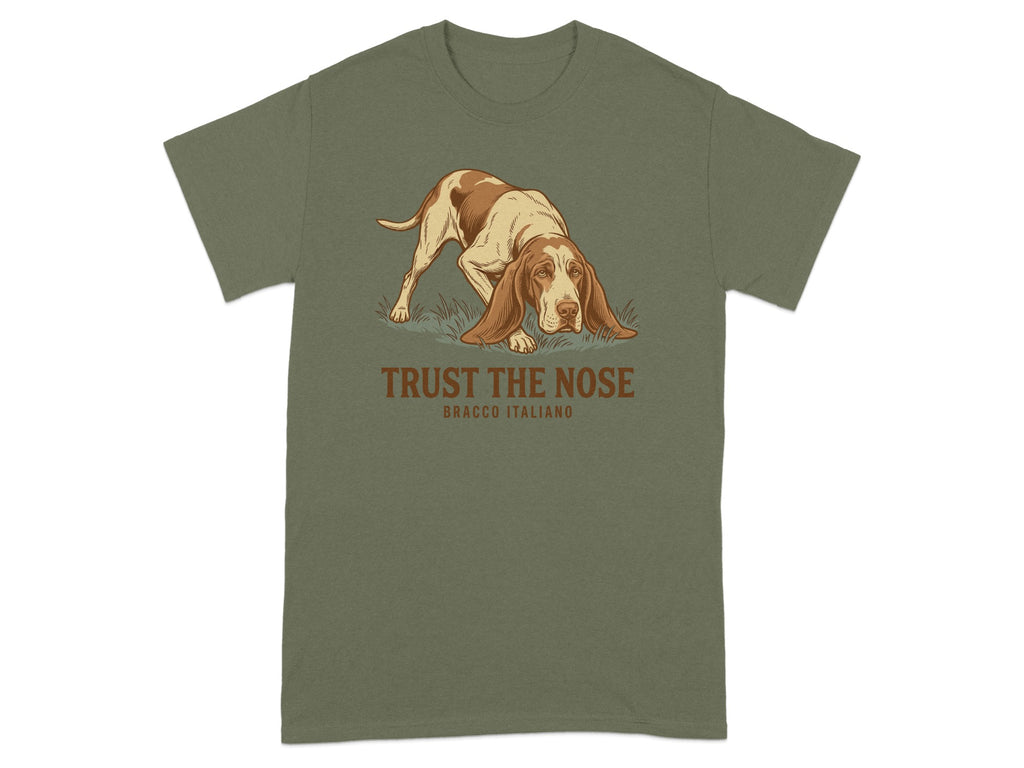 Bracco Italiano dog illustration with text "TRUST THE NOSE" on a green t-shirt.