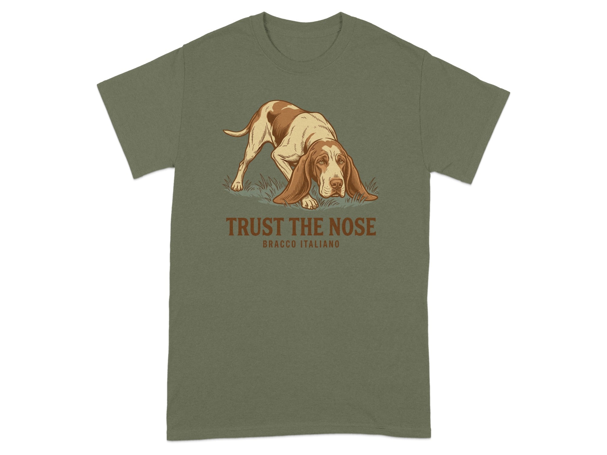 Bracco Italiano dog illustration with text "TRUST THE NOSE" on a green t-shirt.
