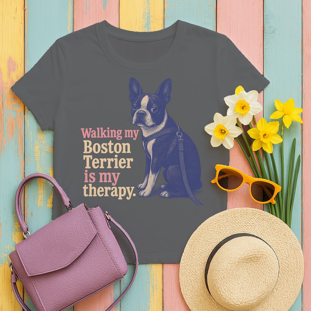 Walking My Boston Terrier is My Therapy T-Shirt in Graphite Heather