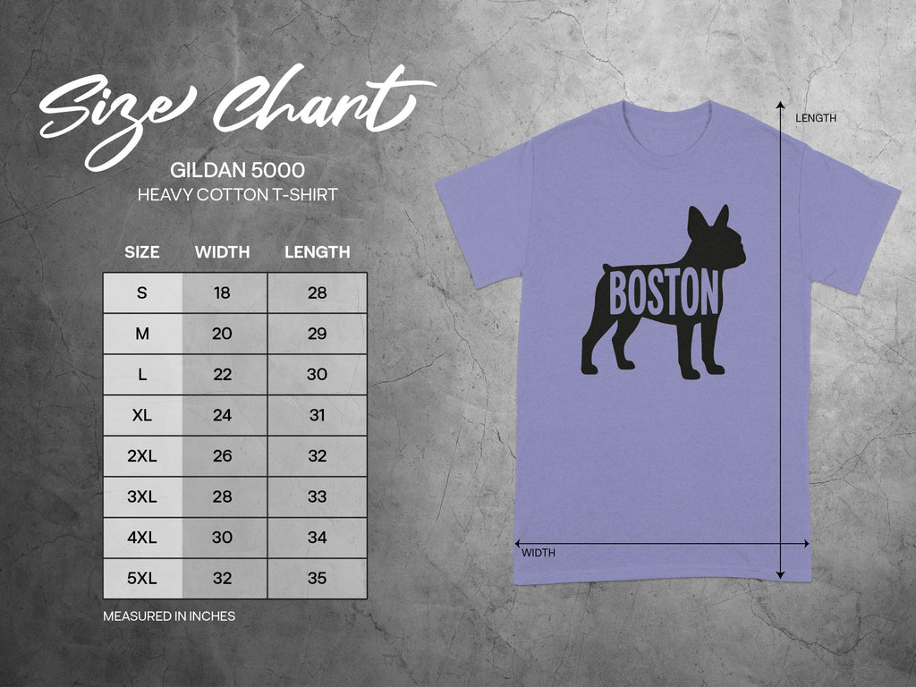 Gildan 5000 heavy cotton t-shirt size chart with measurements in inches. Boston bulldog design shown.