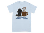 Light blue t-shirt with poodle and coffee cup graphic, text reads "POWERED BY POODLE & COFFEE".