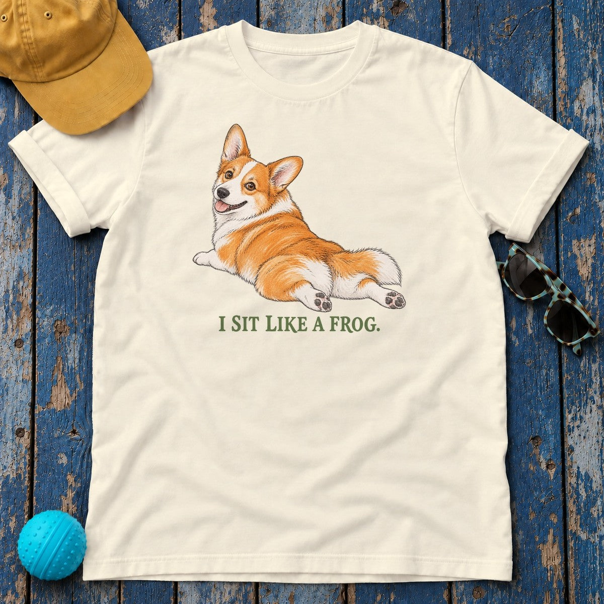 I Sit Like a Frog Corgi T-Shirt in Natural - flat lay
