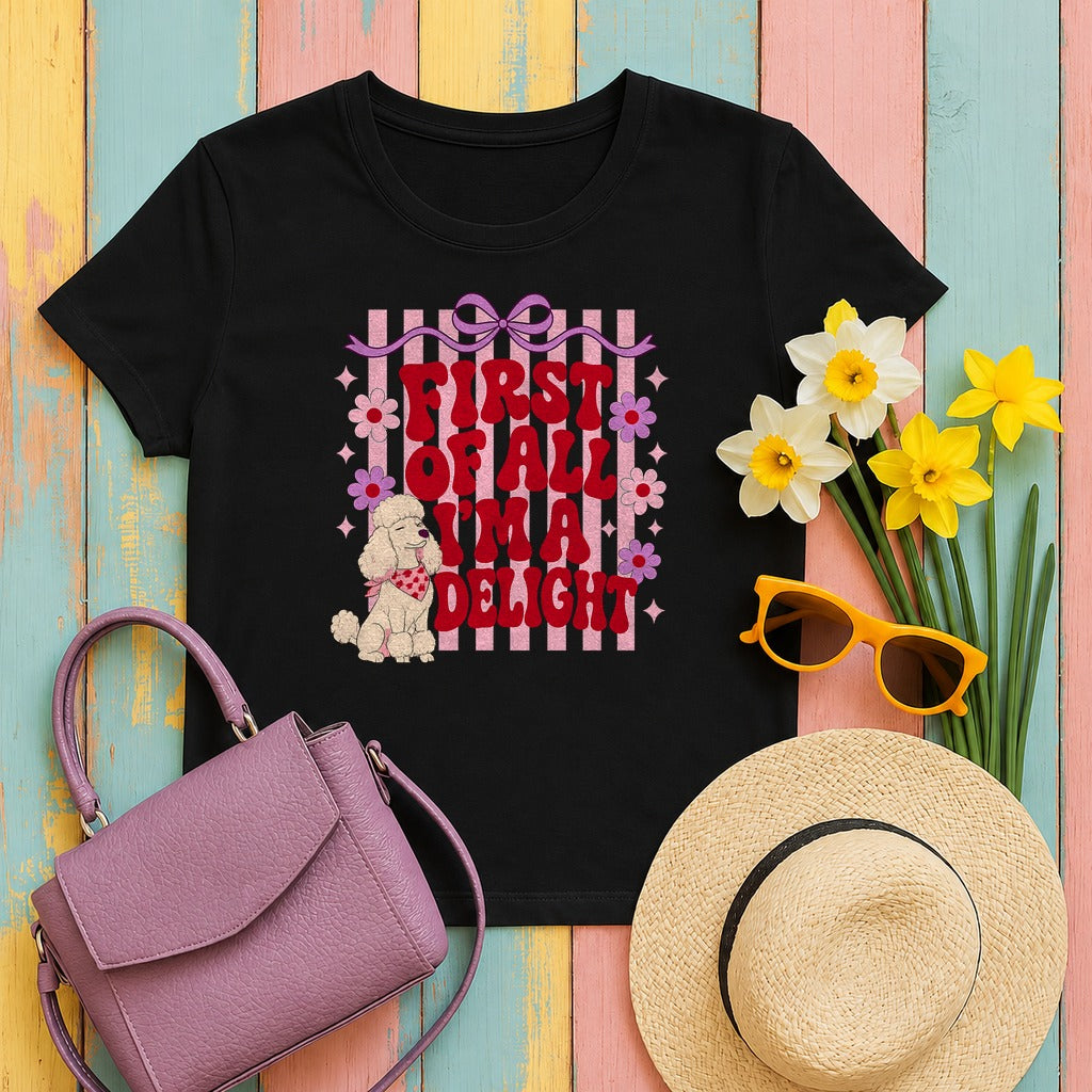 Delightful Poodle Retro Statement T-Shirt in Black