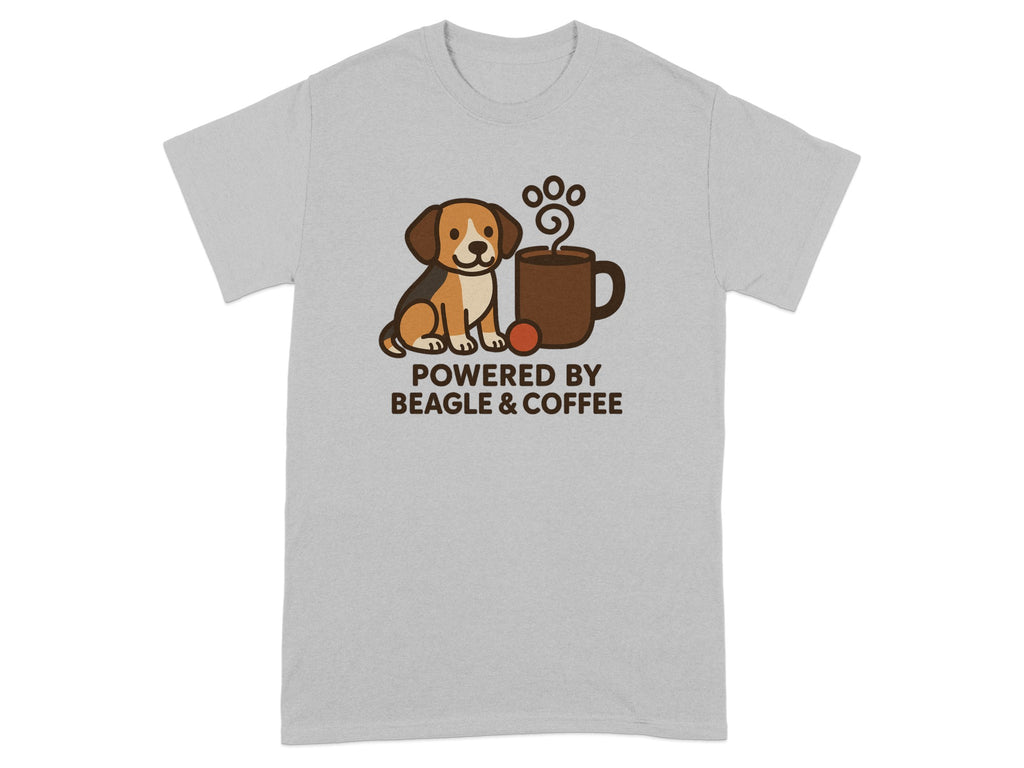 Gray t-shirt with beagle and coffee cup graphic, text reads "POWERED BY BEAGLE & COFFEE"