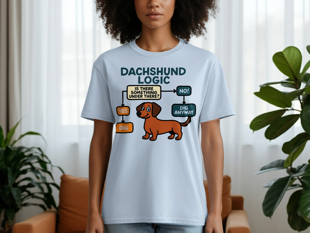 Dachshund logic flowchart on a light blue t-shirt with a cartoon dog.