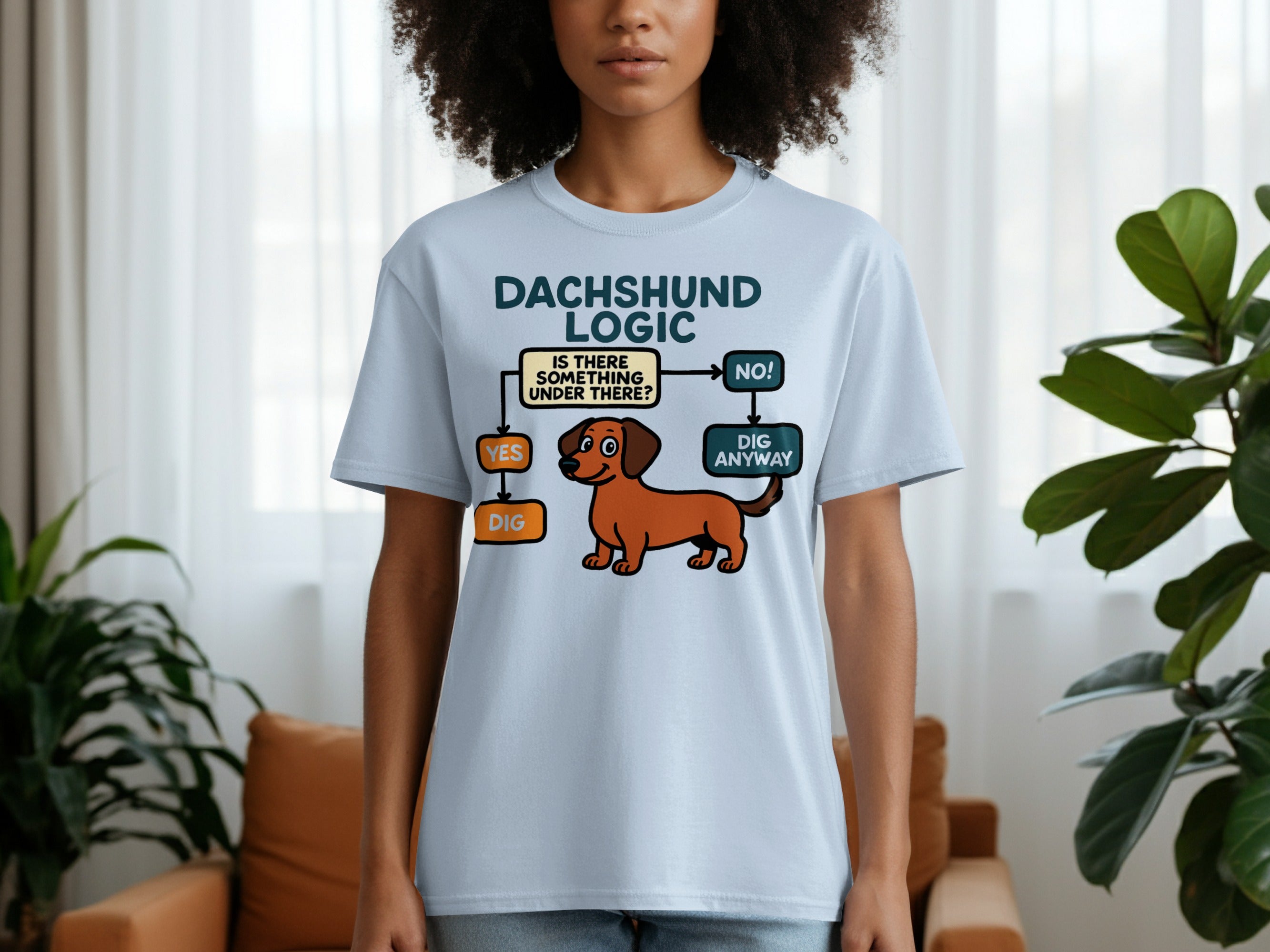 Dachshund logic flowchart on a light blue t-shirt with a cartoon dog.