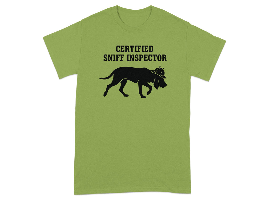 Green t-shirt with black silhouette of a dog wearing a hat, text reads "Certified Sniff Inspector."