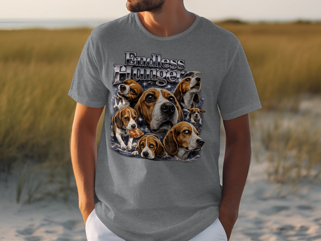 Gray t-shirt with "Endless Hunger" and a collage of beagle dog faces.