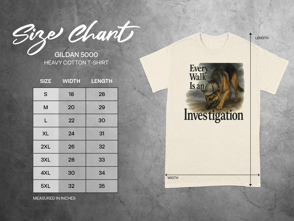 Gildan 5000 Heavy Cotton T-shirt size chart featuring a German Shepherd in a deerstalker hat.