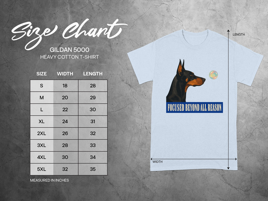 Gildan 5000 t-shirt size chart with measurements and dog graphic.