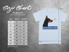 Gildan 5000 t-shirt size chart with measurements and dog graphic.