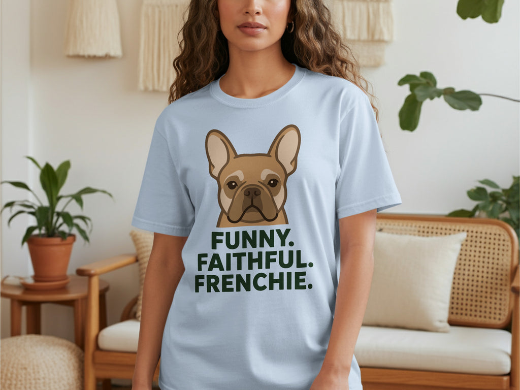 Light blue t-shirt with cartoon French Bulldog and text "FUNNY. FAITHFUL. FRENCHIE."