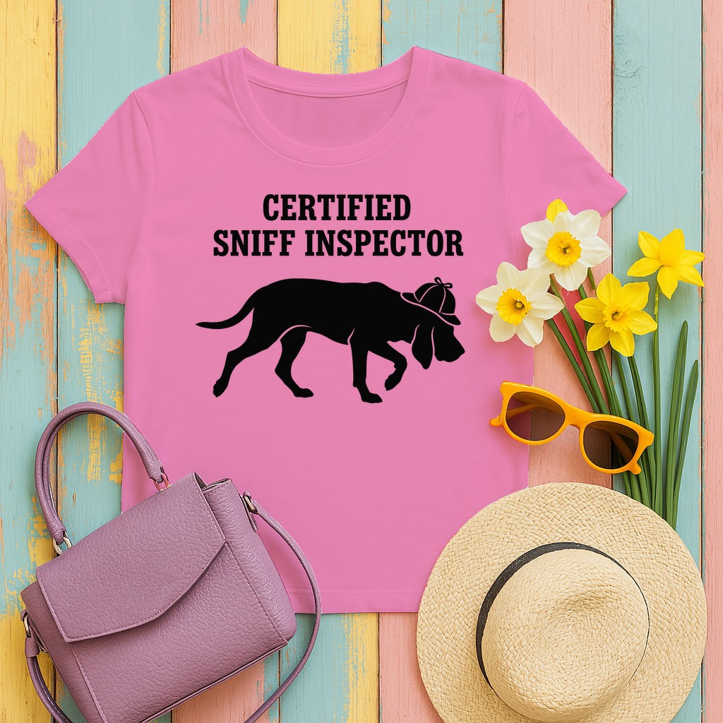 Certified Sniff Inspector Bloodhound T-Shirt in Azalea