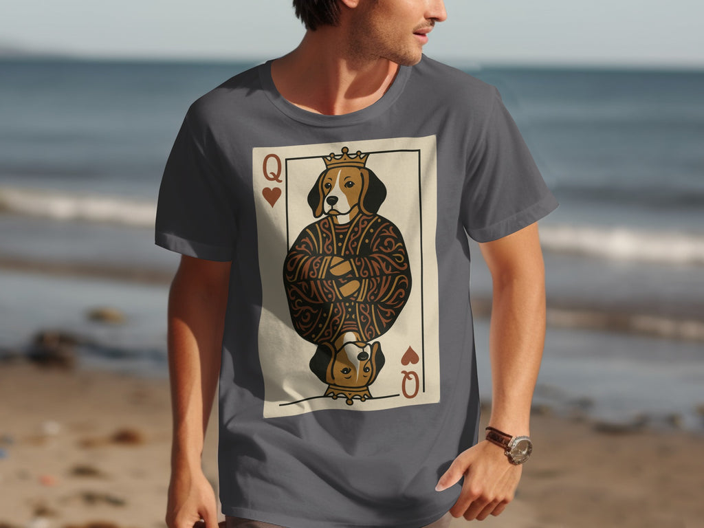 T-shirt with Queen of Hearts card featuring a dog wearing a crown.
