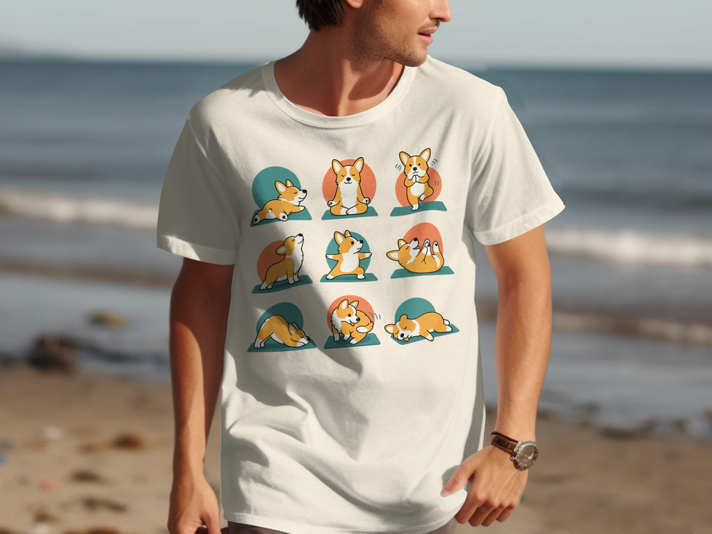 Cream t-shirt with a grid of nine illustrations of corgis in various yoga poses.