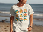 Cream t-shirt with a grid of nine illustrations of corgis in various yoga poses.