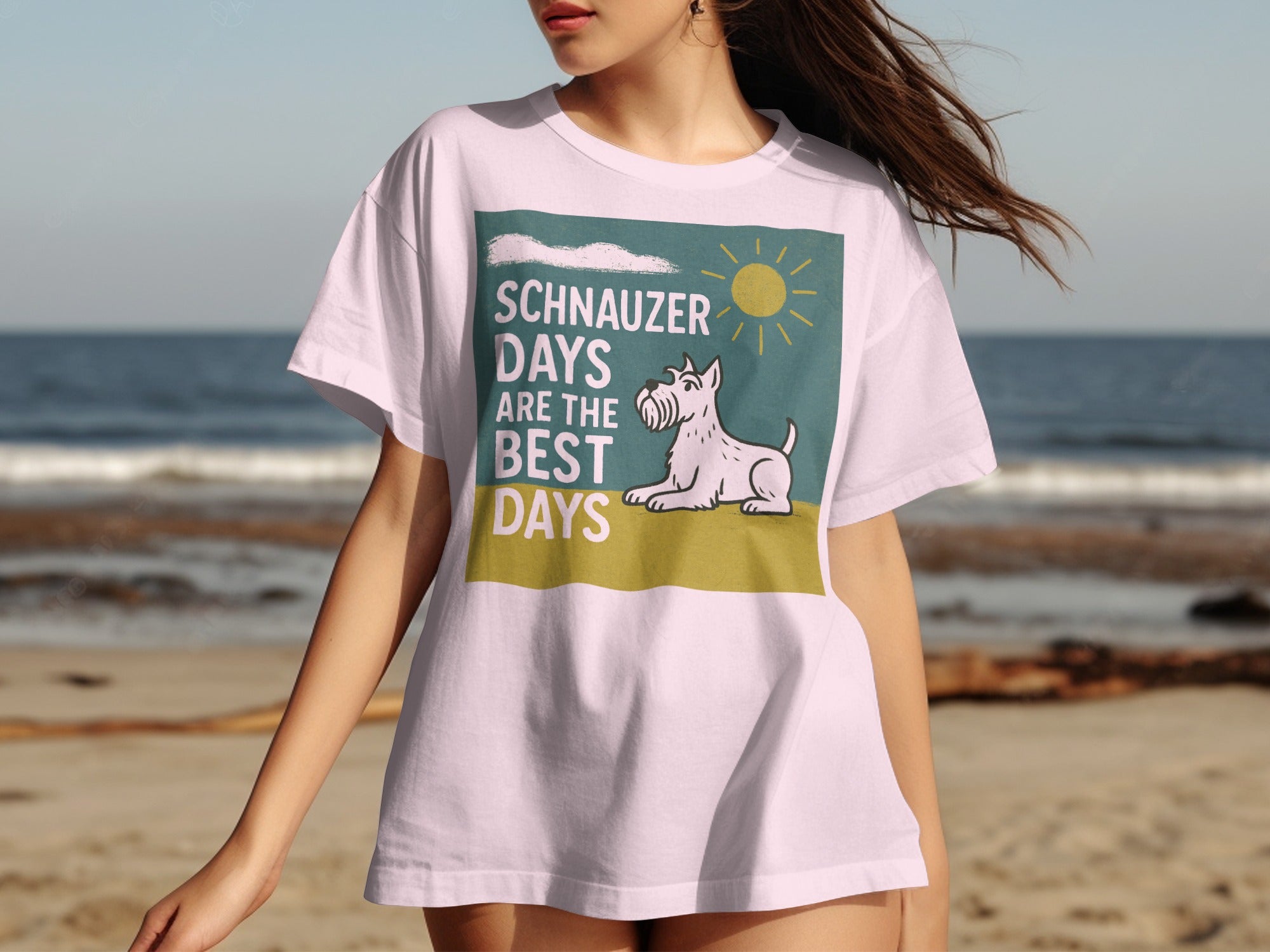 White t-shirt with graphic "Schnauzer Days Are The Best Days" and a dog illustration.