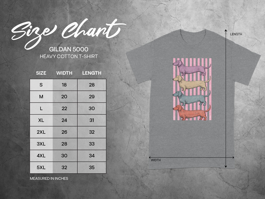 Gildan 5000 t-shirt size chart with dachshund graphic, measured in inches.