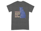 Dark grey t-shirt with a blue Australian Shepherd and text "Walking my Australian Shepherd is my therapy."