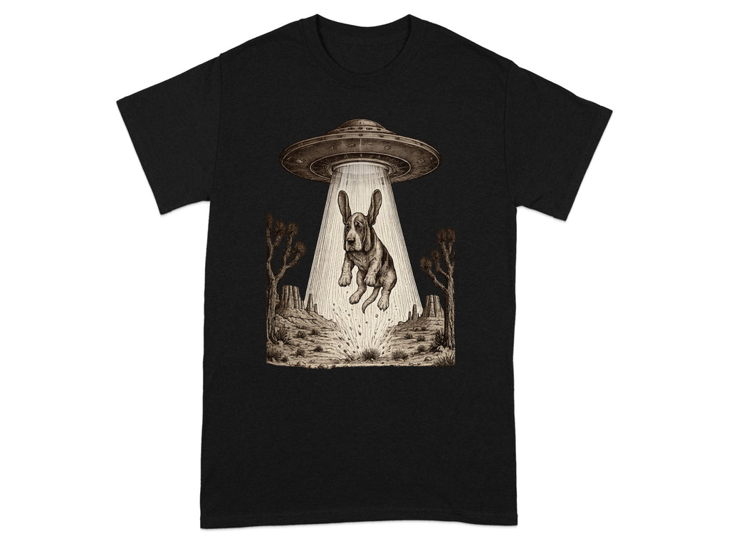 Basset hound being abducted by a UFO in a desert landscape.