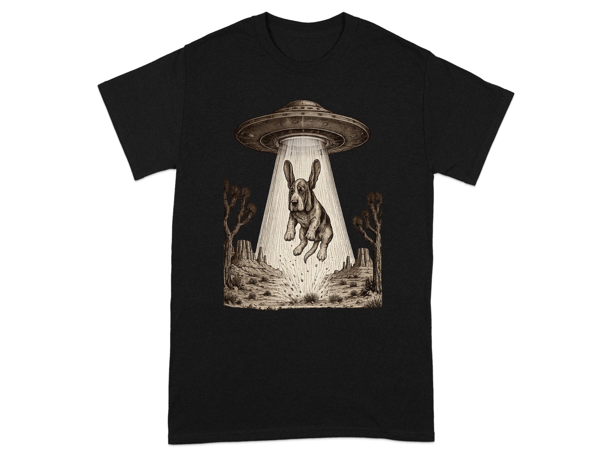 Basset hound being abducted by a UFO in a desert landscape.