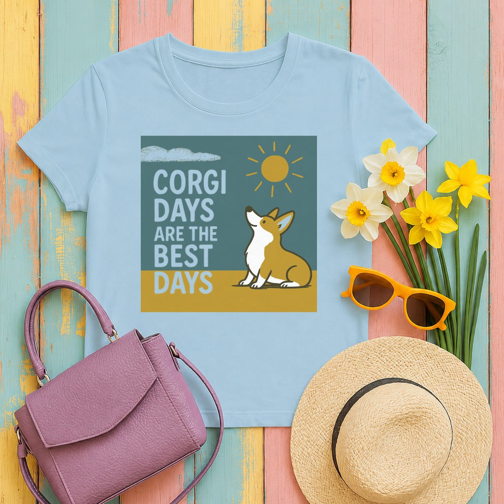 Whimsical Corgi Days Graphic T-Shirt in Light Blue