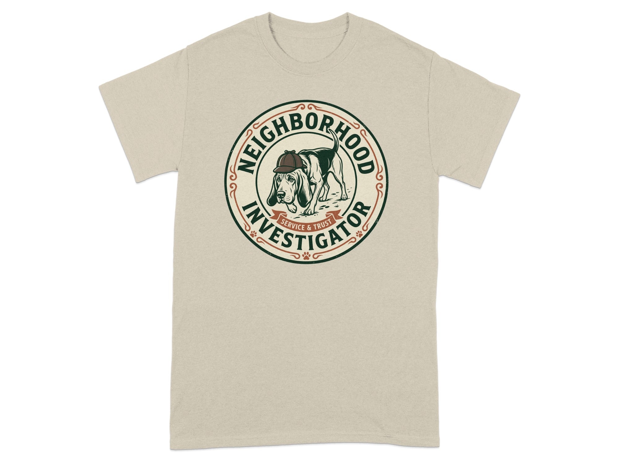 T-shirt featuring a cartoon beagle wearing a detective hat, "Neighborhood Investigator".