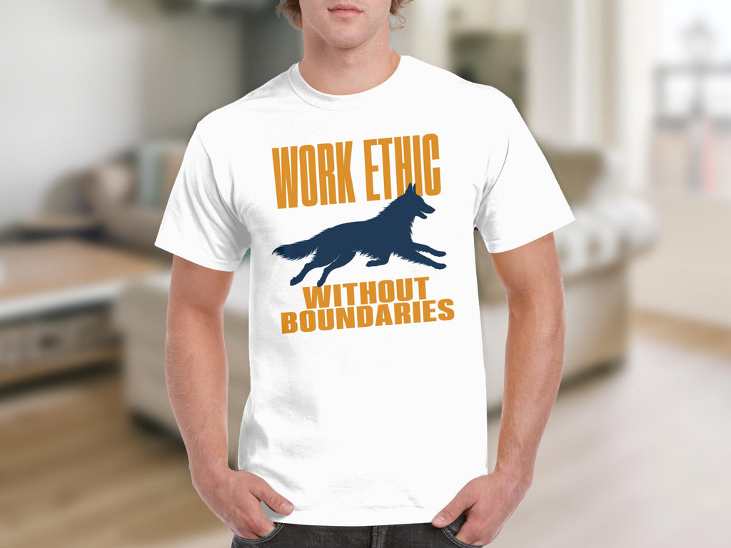 White t-shirt with "WORK ETHIC WITHOUT BOUNDARIES" and a running dog logo.