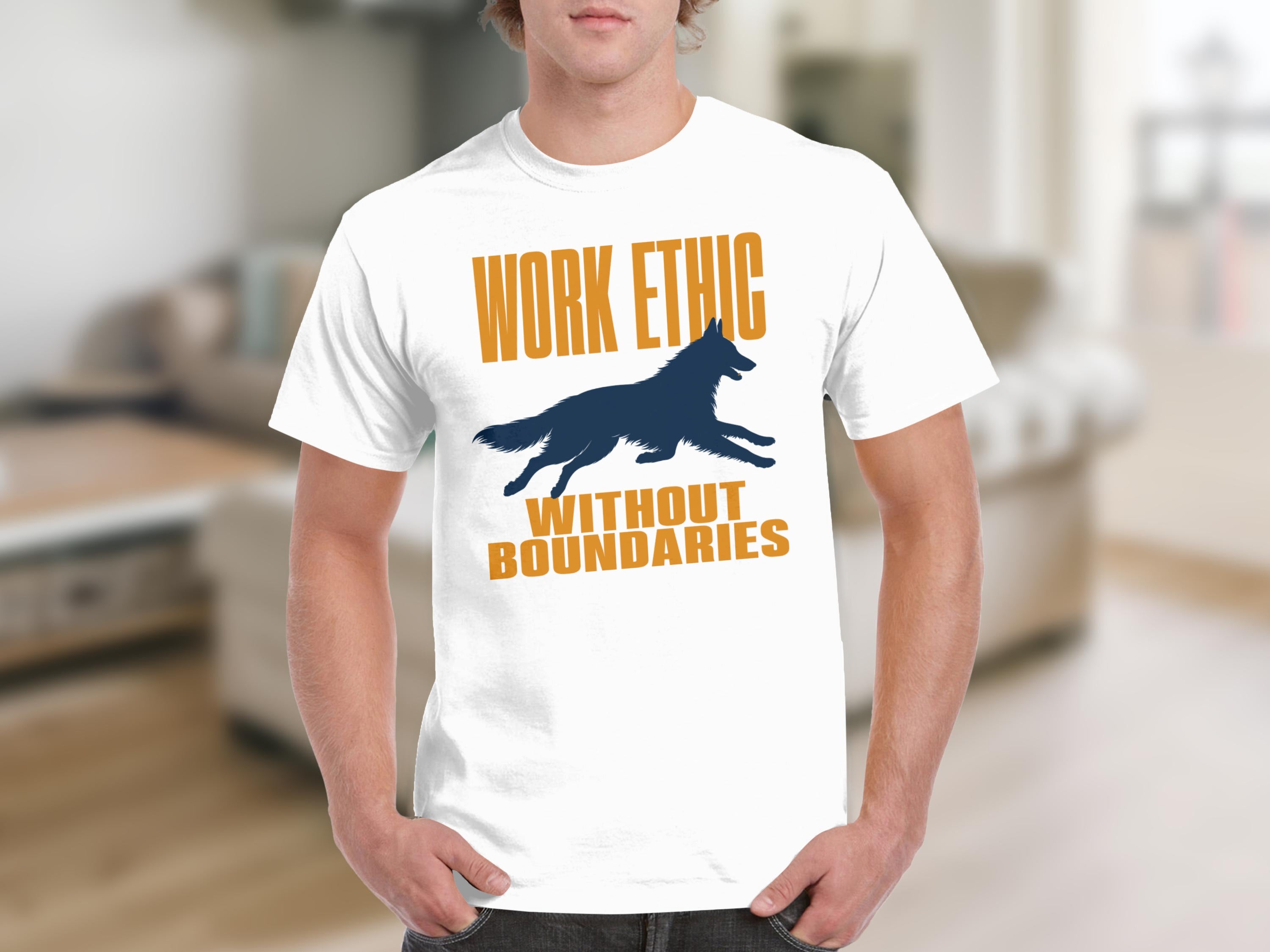 White t-shirt with "WORK ETHIC WITHOUT BOUNDARIES" and a running dog logo.