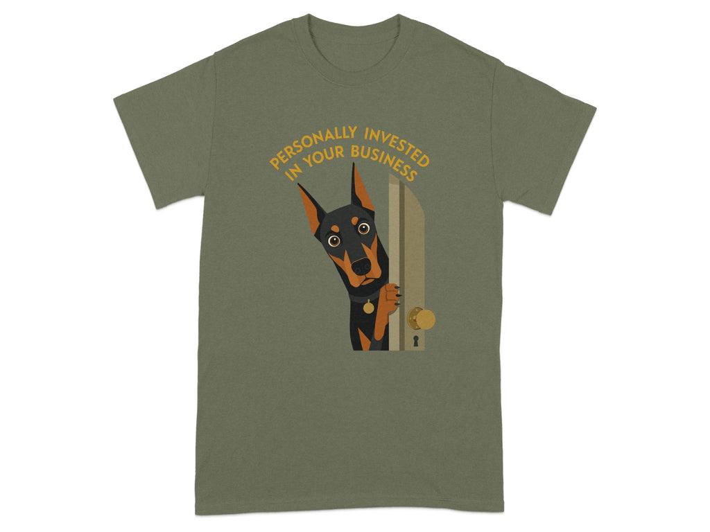 Dog peeking through a doorway with text "Personally Invested In Your Business".