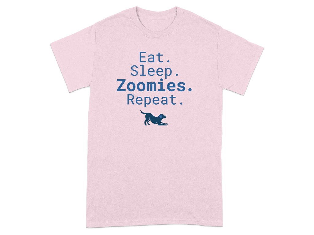 Pink t-shirt with "Eat. Sleep. Zoomies. Repeat." and a dog silhouette.