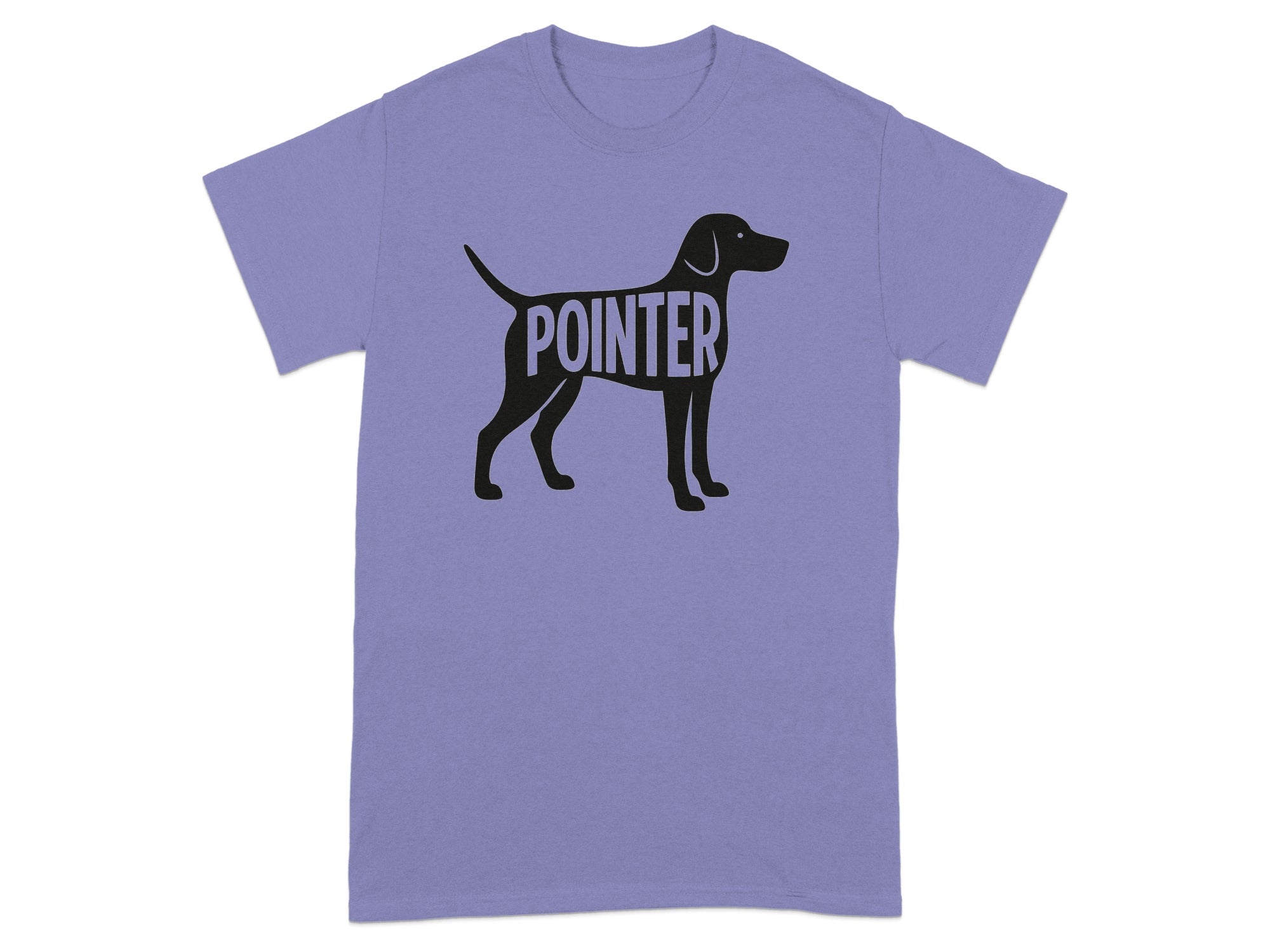 Purple t-shirt with black silhouette of a pointer dog and text.
