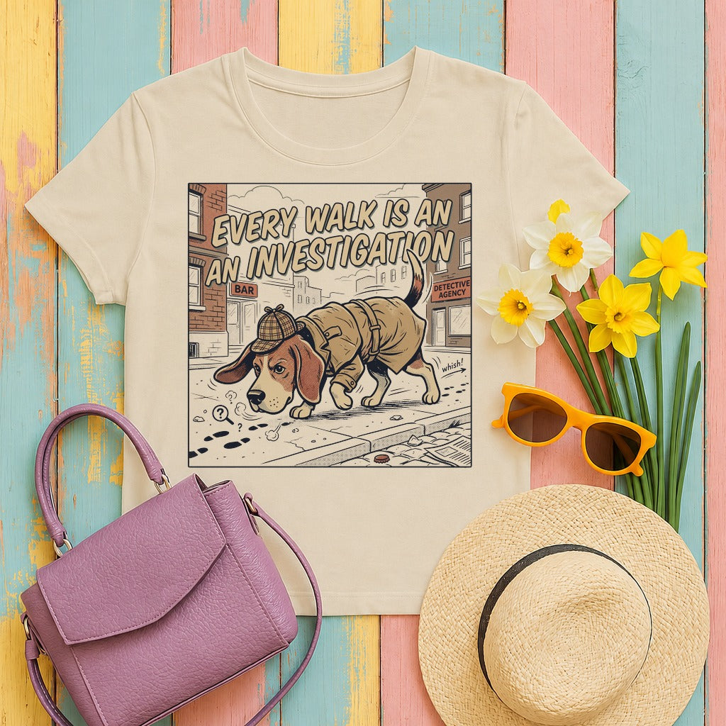 tierb2 every-walk-is-an-investigation-beagle-ca tee flat lay hero v8