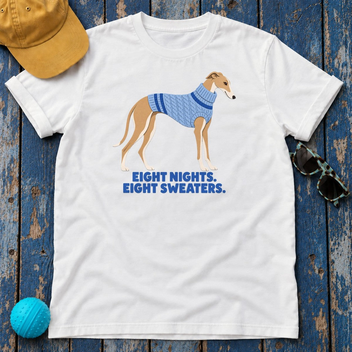 Eight Nights Eight Sweaters Blue Sweater Greyhound T-Shirt in White - flat lay