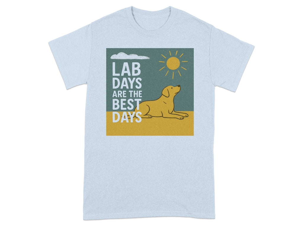 Light blue t-shirt with graphic of yellow lab lying under a sun and clouds with text "LAB DAYS ARE THE BEST DAYS".