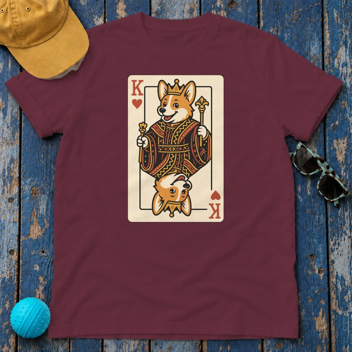 Corgi King Playing Card T-Shirt in Maroon